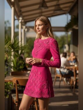 Carolina Herrera New Floral Appliqué Embellished Mini Dress In Berry 8 $3,990.00